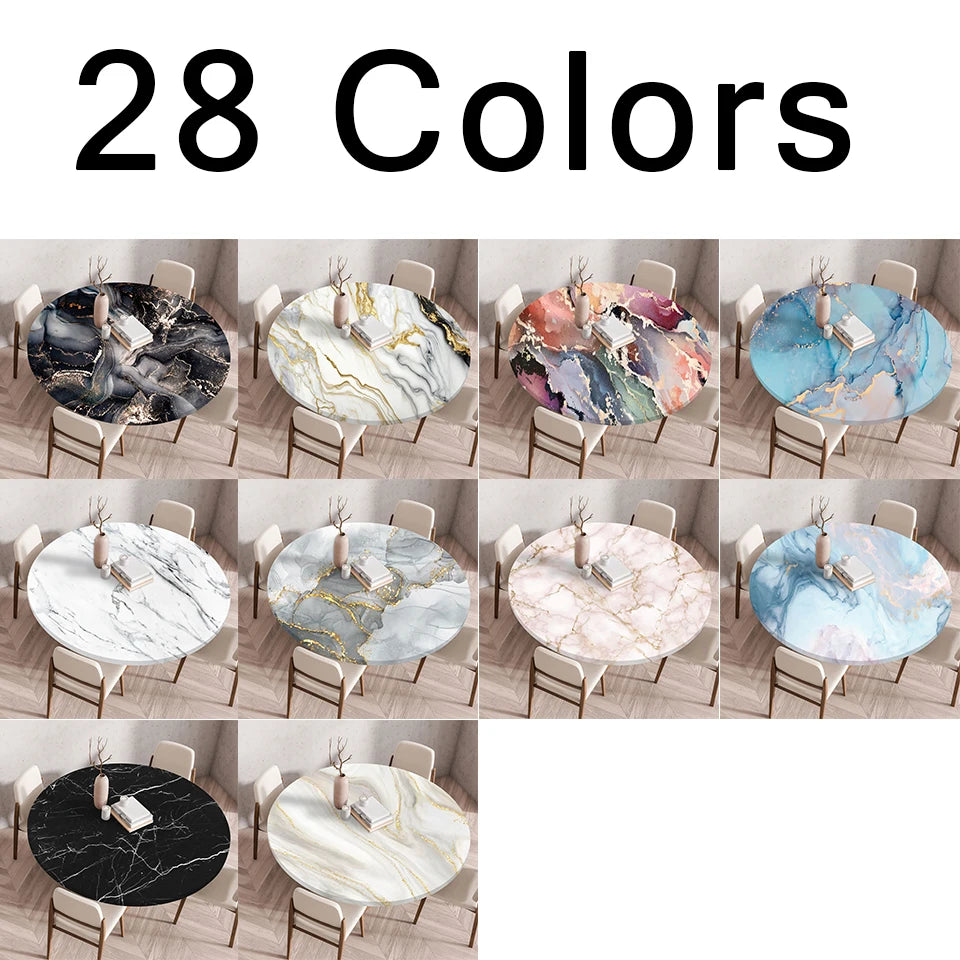 A collection of 28 marble print waterproof round tablecloths in various colors and patterns.