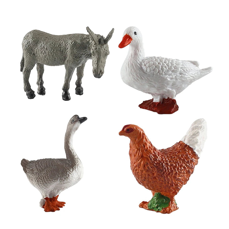 A set of mini farm animal figurines featuring a horse, a white goose, and a brown chicken.