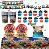 Monster truck birthday party decoration kit featuring a backdrop, tableware, and toy trucks.