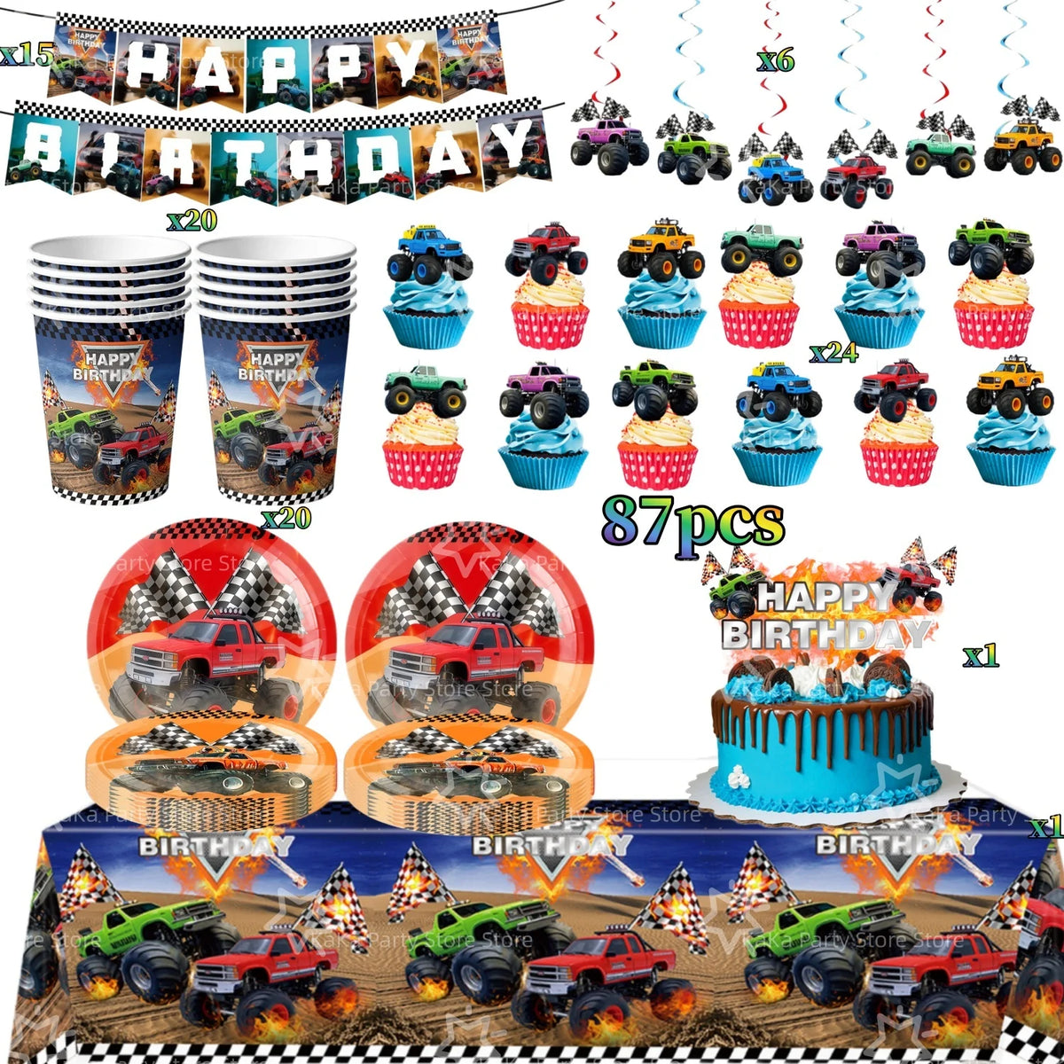 Monster truck birthday party decoration kit featuring a backdrop, tableware, and toy trucks.