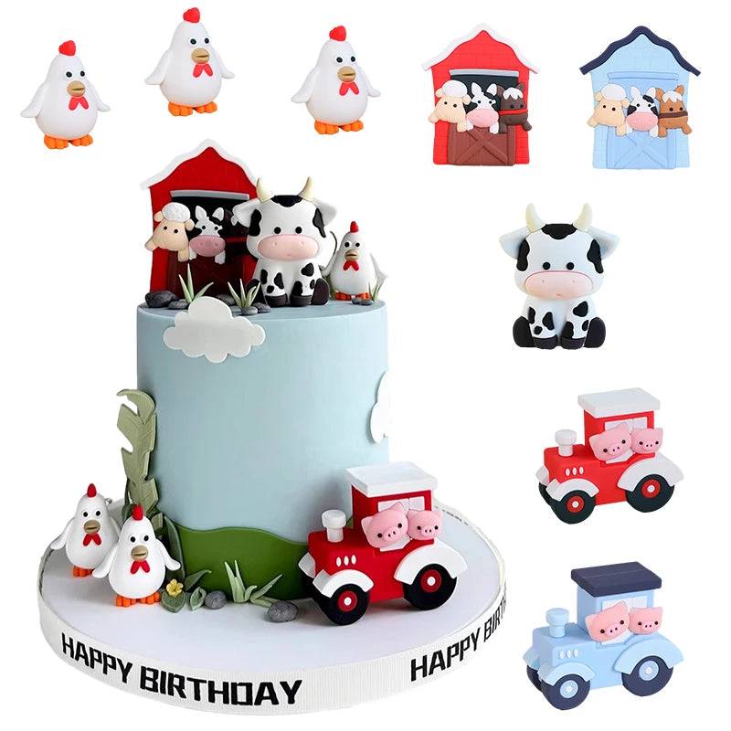 A collection of farm animal cake toppers including a white duck, pig, cow, and various other animals on a light blue cake.