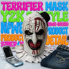 A white horror clown mask is displayed with surrounding text related to Y2K style and product details.