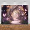 A magical forest scene with glowing purple butterflies and a winding path surrounded by lush purple flowers.