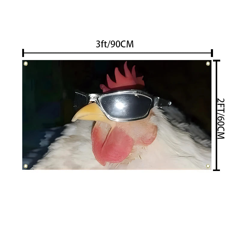 A realistic chicken head with a red comb and sunglasses is displayed on a banner.