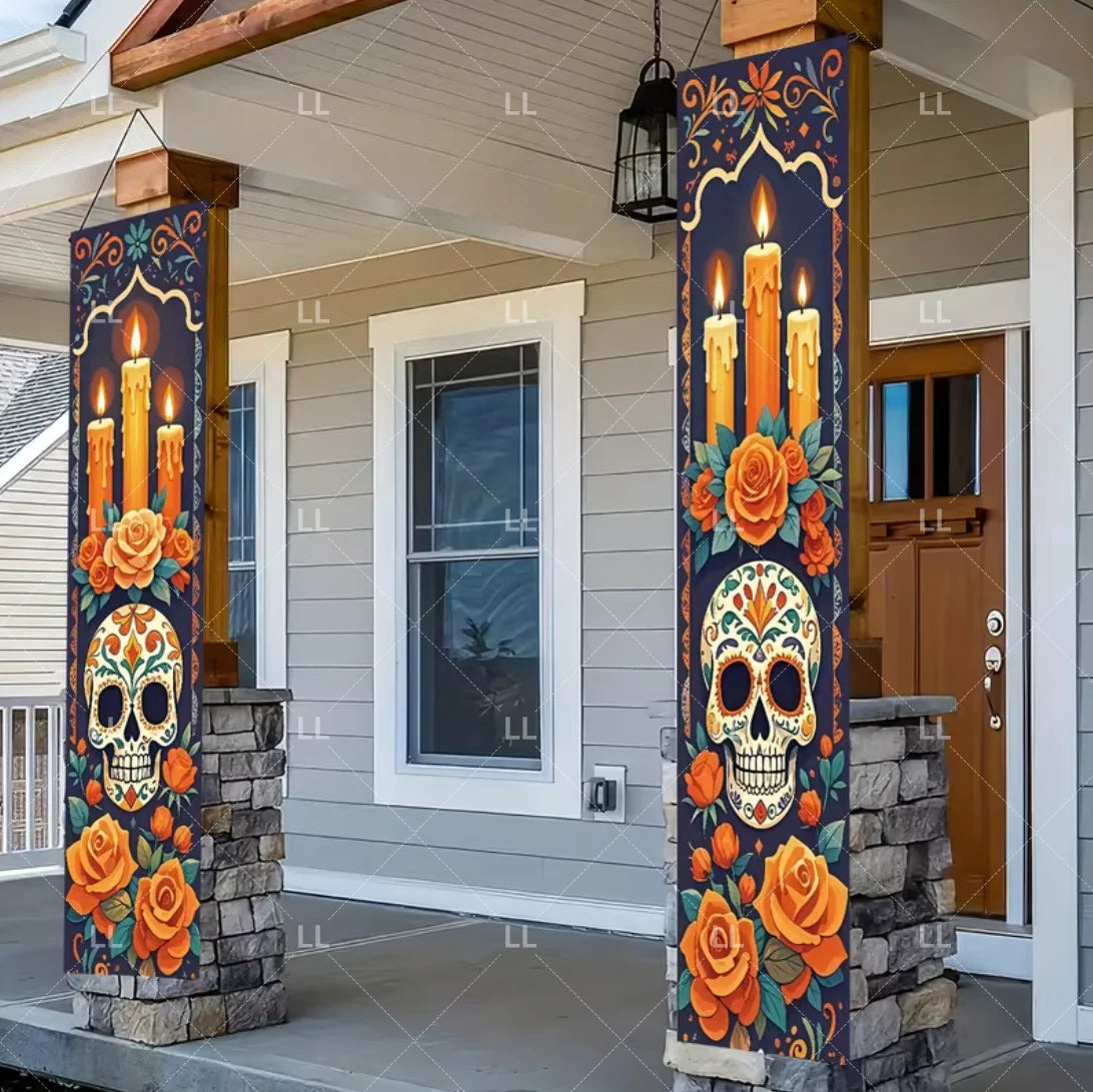 A vertical porch banner featuring a Mexican skull and orange candles surrounded by vibrant floral motifs.