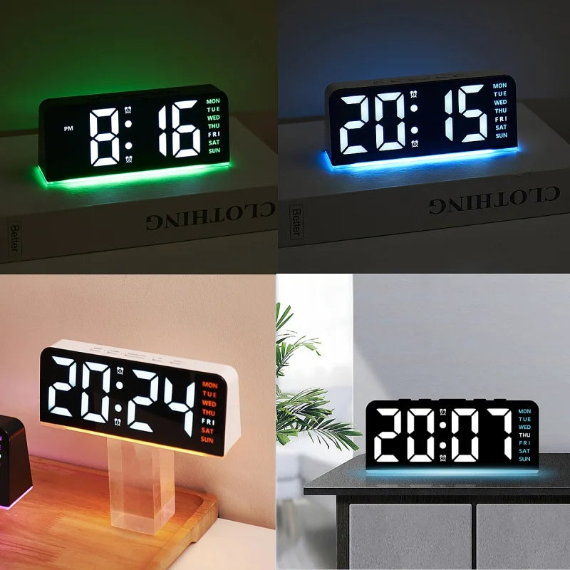 A digital alarm clock displaying 20:15 with a blue light, shown in multiple views.