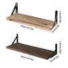 A pair of floating wooden wall shelves, one natural wood and one dark brown, shown in a side view.