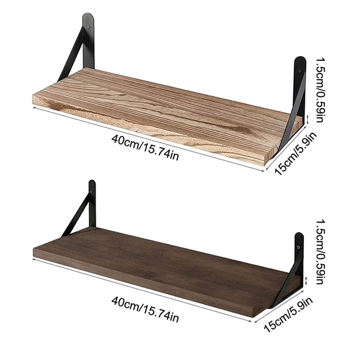 A pair of floating wooden wall shelves, one natural wood and one dark brown, shown in a side view.