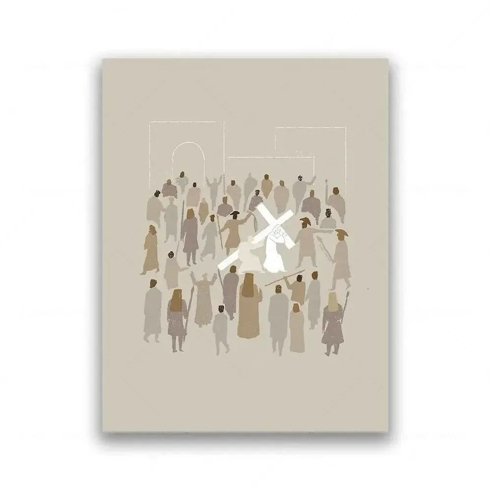 Dibujo de línea minimalista que representa una multitud frente a una estructura arqueada, representando a Jesús lavando los p
