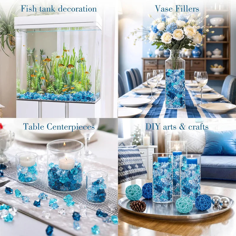 A collection of decorative crushed diamond acrylic pebbles used for fish tank decor, vase fillers, and DIY crafts.