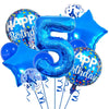 A set of navy and gold number foil balloons spelling 'HAPPY BIRTHDAY' for a boy's birthday.