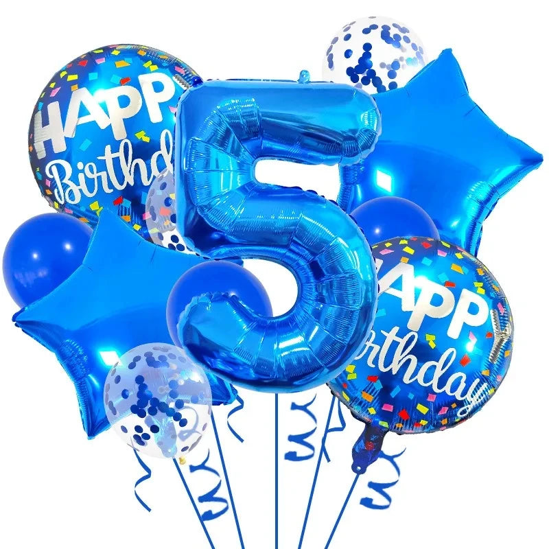 A set of navy and gold number foil balloons spelling 'HAPPY BIRTHDAY' for a boy's birthday celebration.