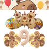 A set of beige and brown balloons shaped like capybaras for a birthday party decoration kit