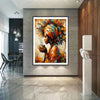 A vibrant canvas painting of an African American woman with curly hair holding a cup, displayed on a modern gray wall.