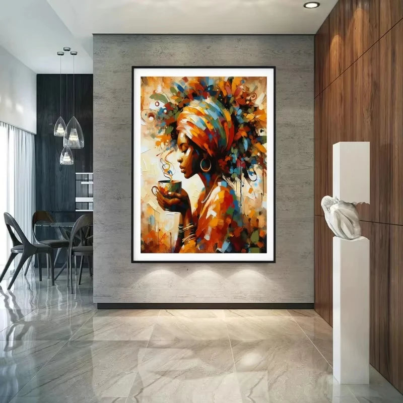 A vibrant canvas painting of an African American woman with curly hair holding a cup, displayed on a modern gray wall.
