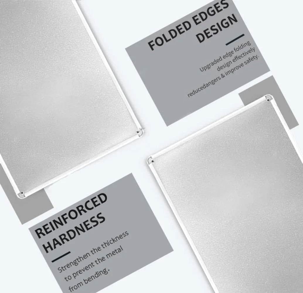 Close-up view of two silver metal tin signs demonstrating folded edges design and reinforced hardness features.