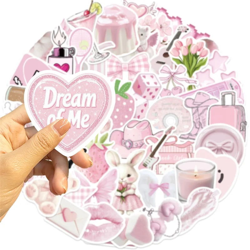 A collection of pink cartoon PVC stickers featuring various sweet and decorative items for DIY crafting.