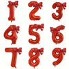 A set of large, shiny red foil number balloons shaped like 1 through 9 with matching bows.