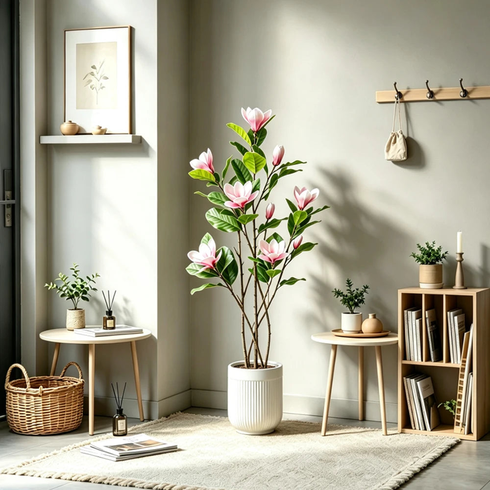 A tall artificial magnolia tree with pink silk flowers in a white pot displayed on a light wood table.