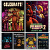 A collection of Five Nights at Freddy's themed posters and wall art featuring animatronic characters.