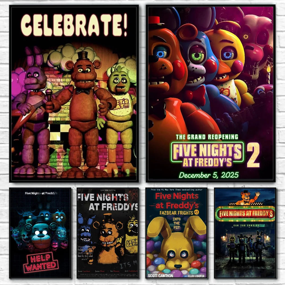 A collection of Five Nights at Freddy's themed posters and wall art featuring animatronic characters.