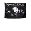 A black tapestry featuring the Evanescence band logo and text Bring Me To Life with stylized portraits.