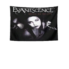 A black tapestry featuring the Evanescence band logo and text Bring Me To Life with stylized portraits.