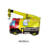 Yellow and red construction truck foil balloon with a yellow arm, used for birthday party decor.