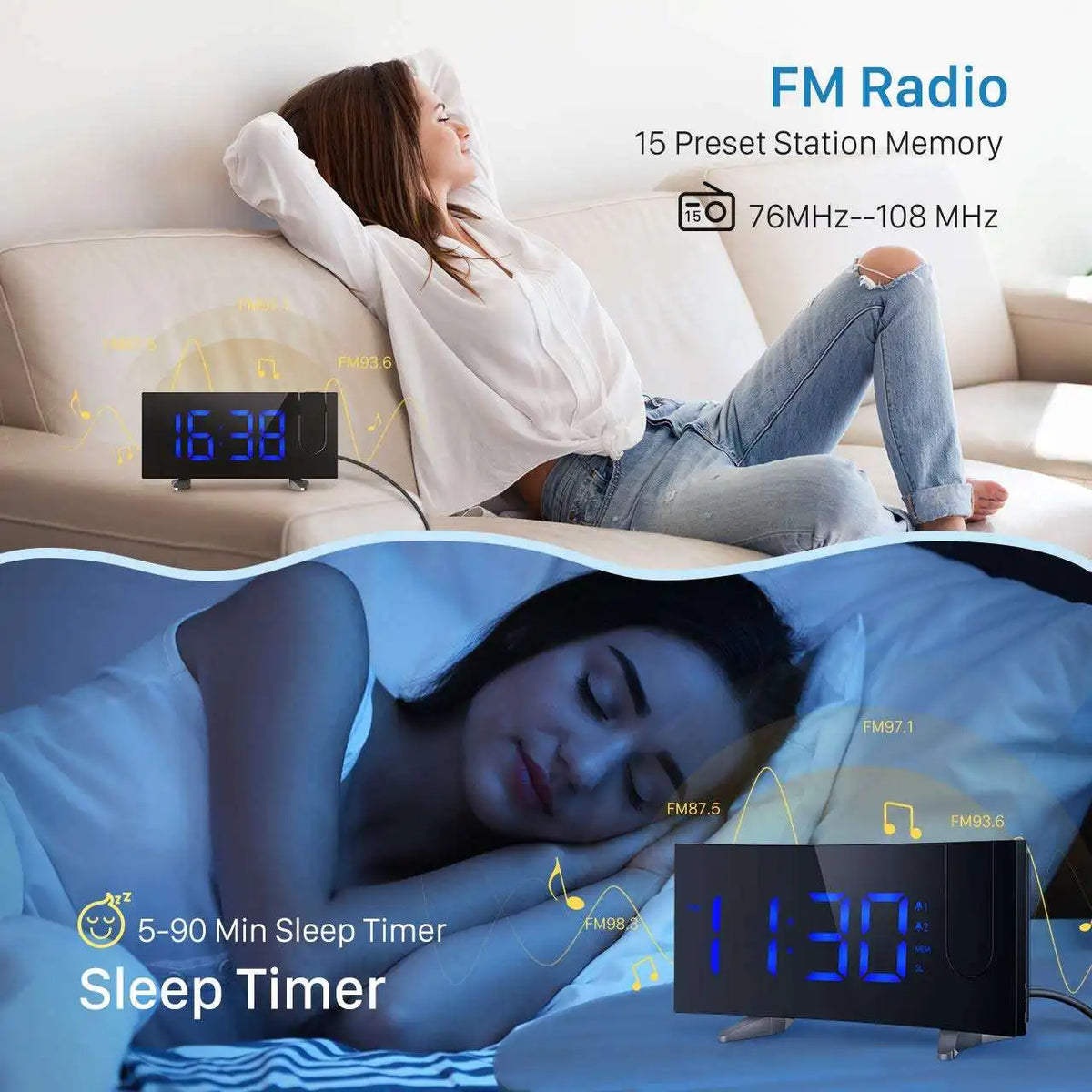 A projection alarm clock with a large LED display and FM radio is shown in use for sleep timing.
