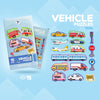 A box of vehicle puzzles featuring various cars, buses, and trucks for learning.