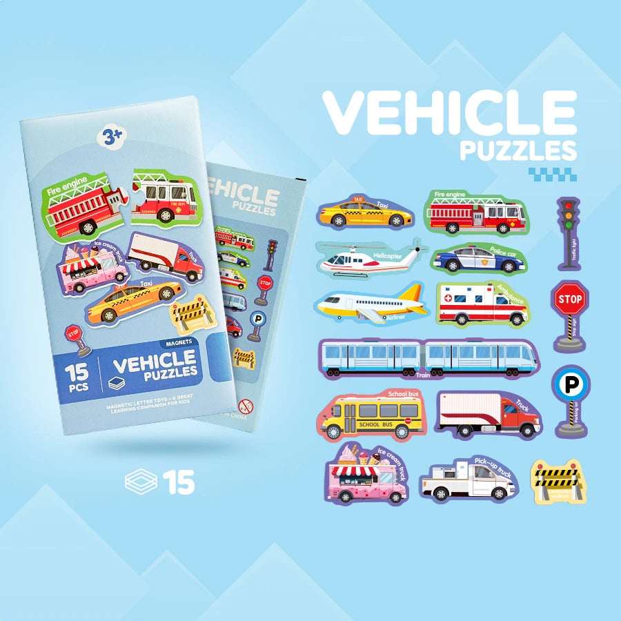 A box of vehicle puzzles featuring various cars, buses, and trucks for learning.