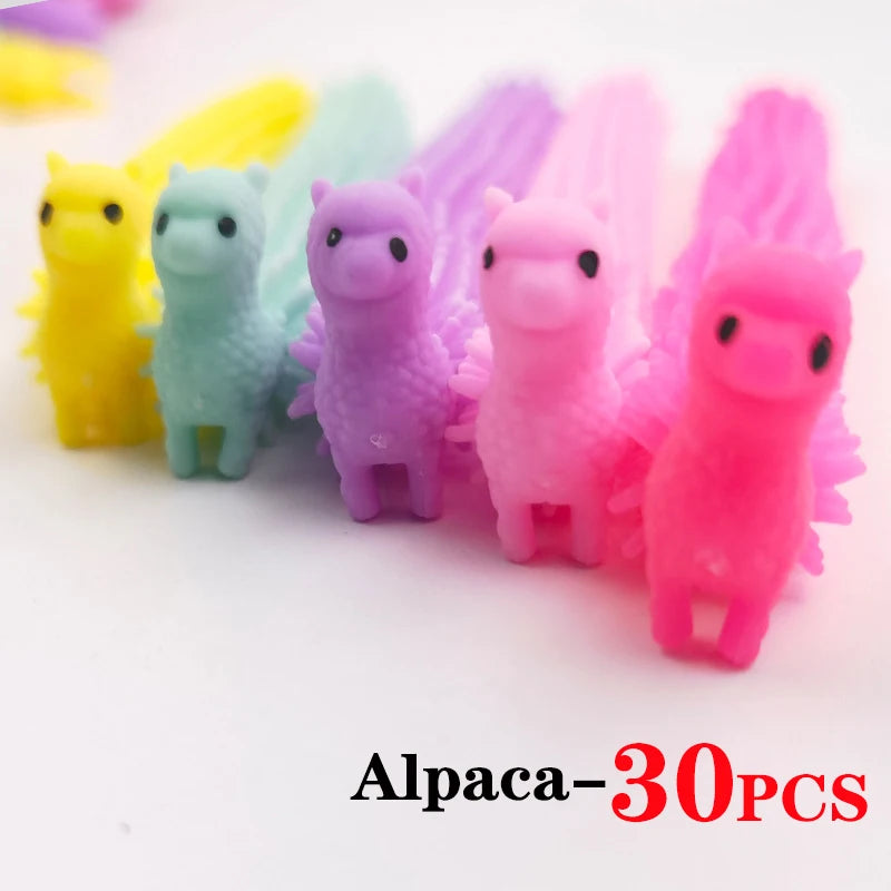 A set of 30 alpaca-shaped sensory fidget toys in various pastel colors.