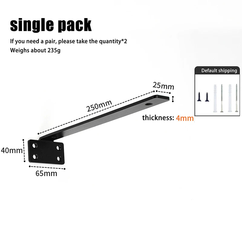 A black heavy-duty floating shelf bracket is shown with dimensions including 25mm thickness and various mounting points.