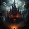 A dark, gothic castle silhouette is visible through a misty landscape toward a glowing light.