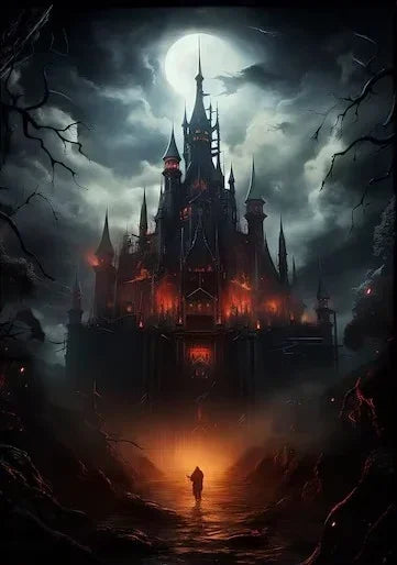 A dark, gothic castle silhouette is visible through a misty landscape toward a glowing light.