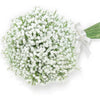 A bouquet of white baby's breath flowers tied with a white ribbon.