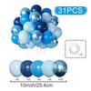 A pack of 31 metallic pearl balloons in various shades of blue and silver, including a ring, for party decor.