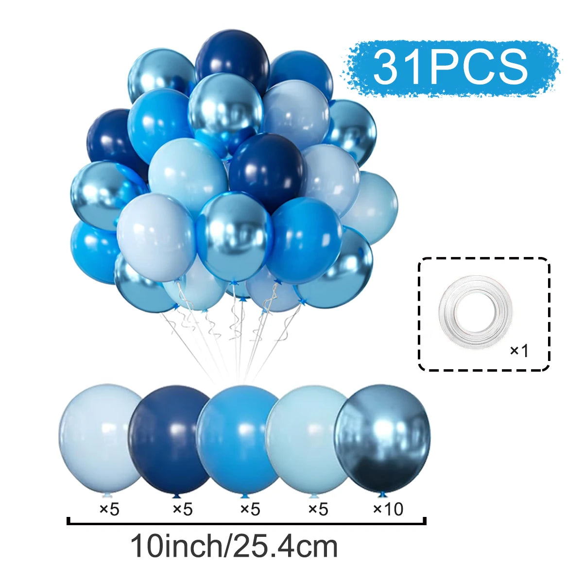 A pack of 31 metallic pearl balloons in various shades of blue and silver, including a ring, for party decor.