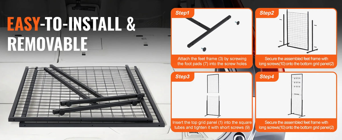 Instructions for easily installing and removable wire grid wall display racks with step-by-step diagrams.