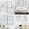 A collection of black and white film-inspired canvas wall art pieces displayed on a white wall.