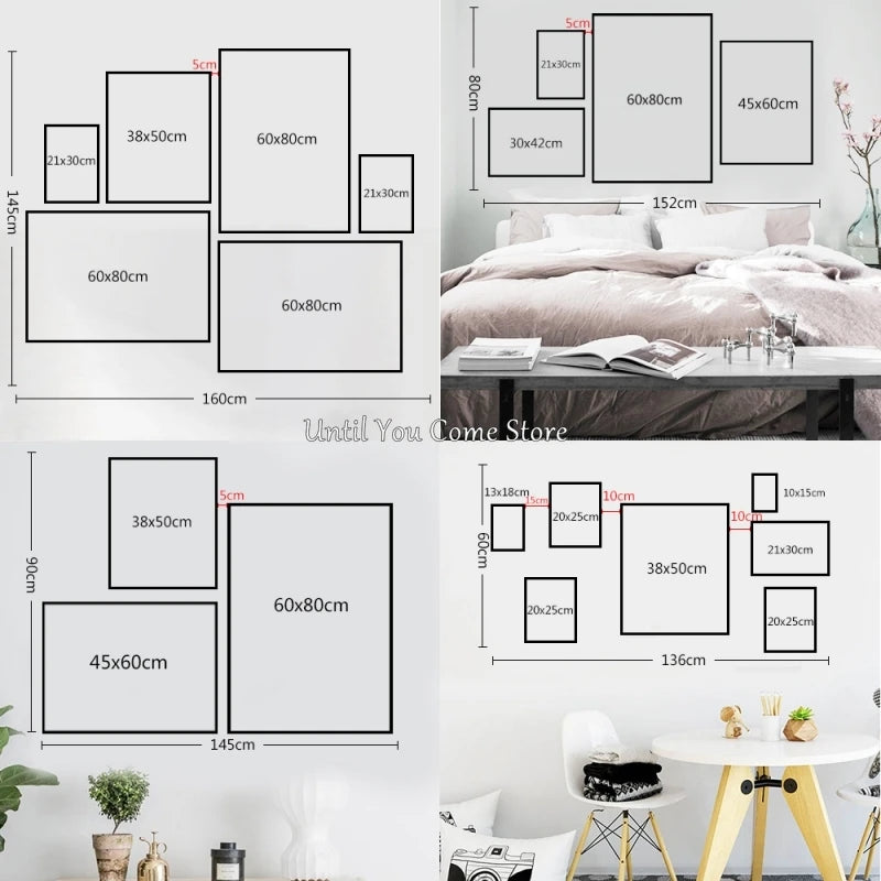 A collection of black and white film-inspired canvas wall art pieces displayed on a white wall.