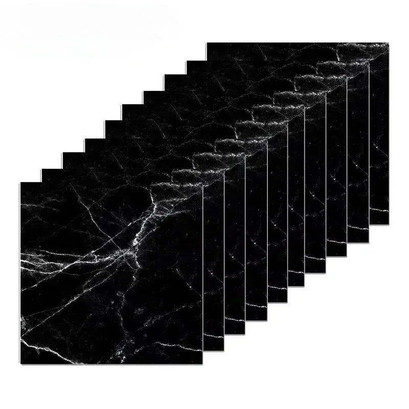 Black marble effect self-adhesive wall stickers arranged in a diagonal grid pattern.