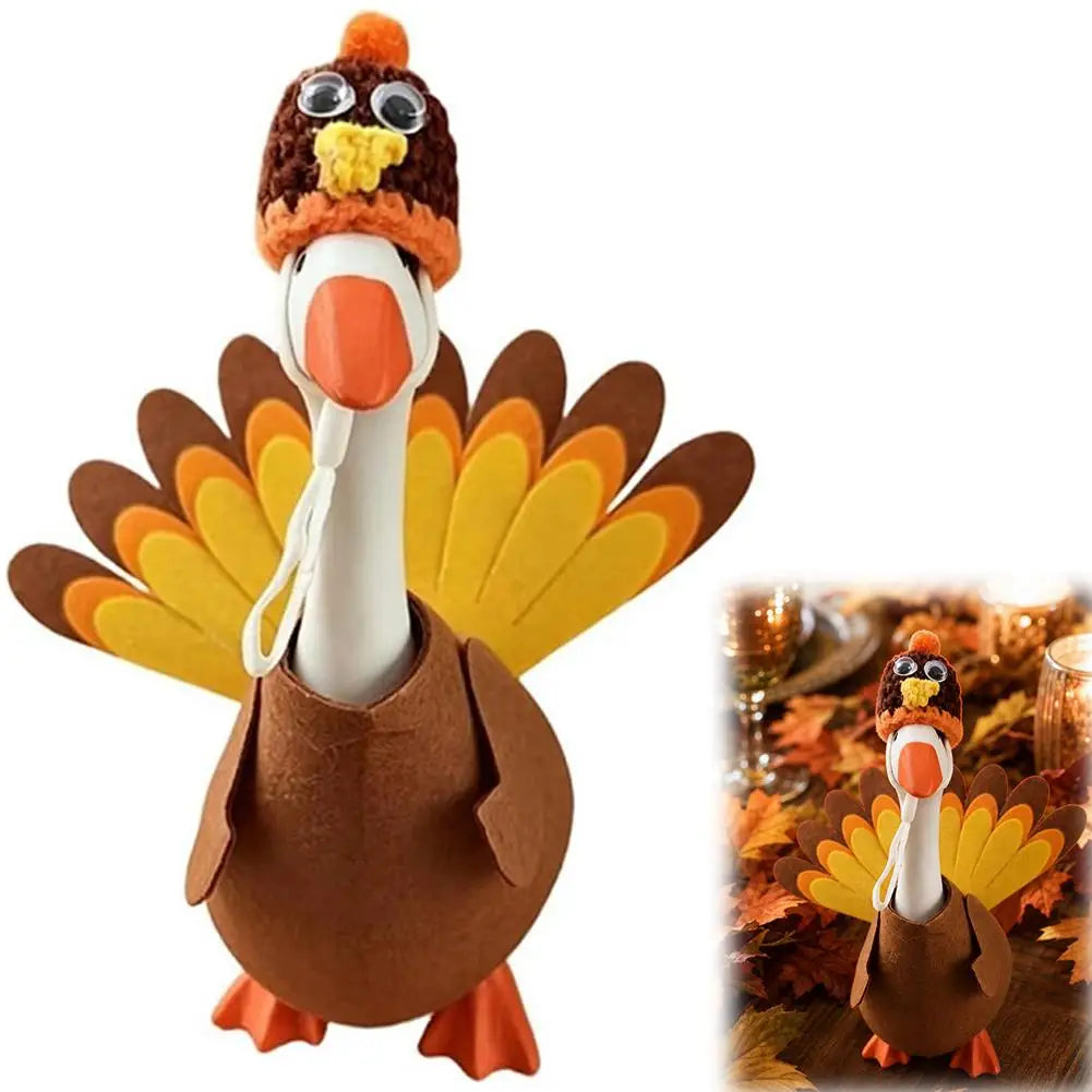 A felt turkey costume resembling a goose statue with orange and brown colors.