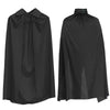 A black hooded cape draped and displayed flat.