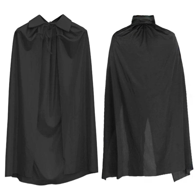 A black hooded cape draped and displayed flat.