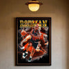 A framed poster featuring Dennis Rodman in a basketball uniform against a dark background.