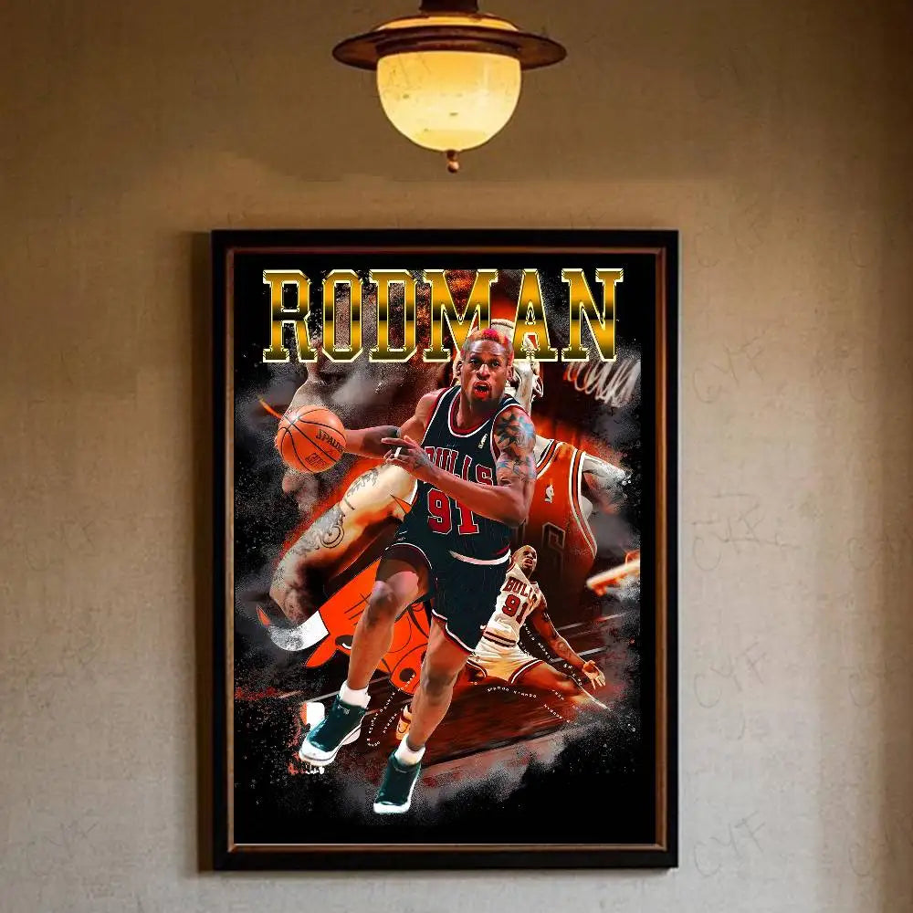 A framed poster featuring Dennis Rodman in a basketball uniform against a dark background.