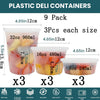 A set of nine plastic deli containers in various sizes, including 8 oz, 16 oz, and 32 oz, shown with dimensions.