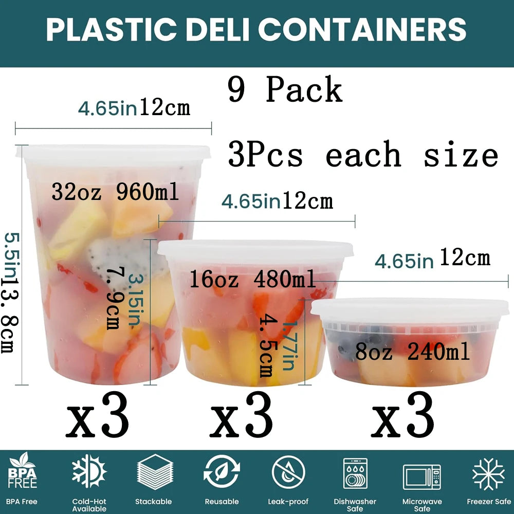 A set of nine plastic deli containers in various sizes, including 8 oz, 16 oz, and 32 oz, shown with dimensions.