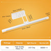 A white LED mirror light bar is shown with mounting brackets and various dimensions.